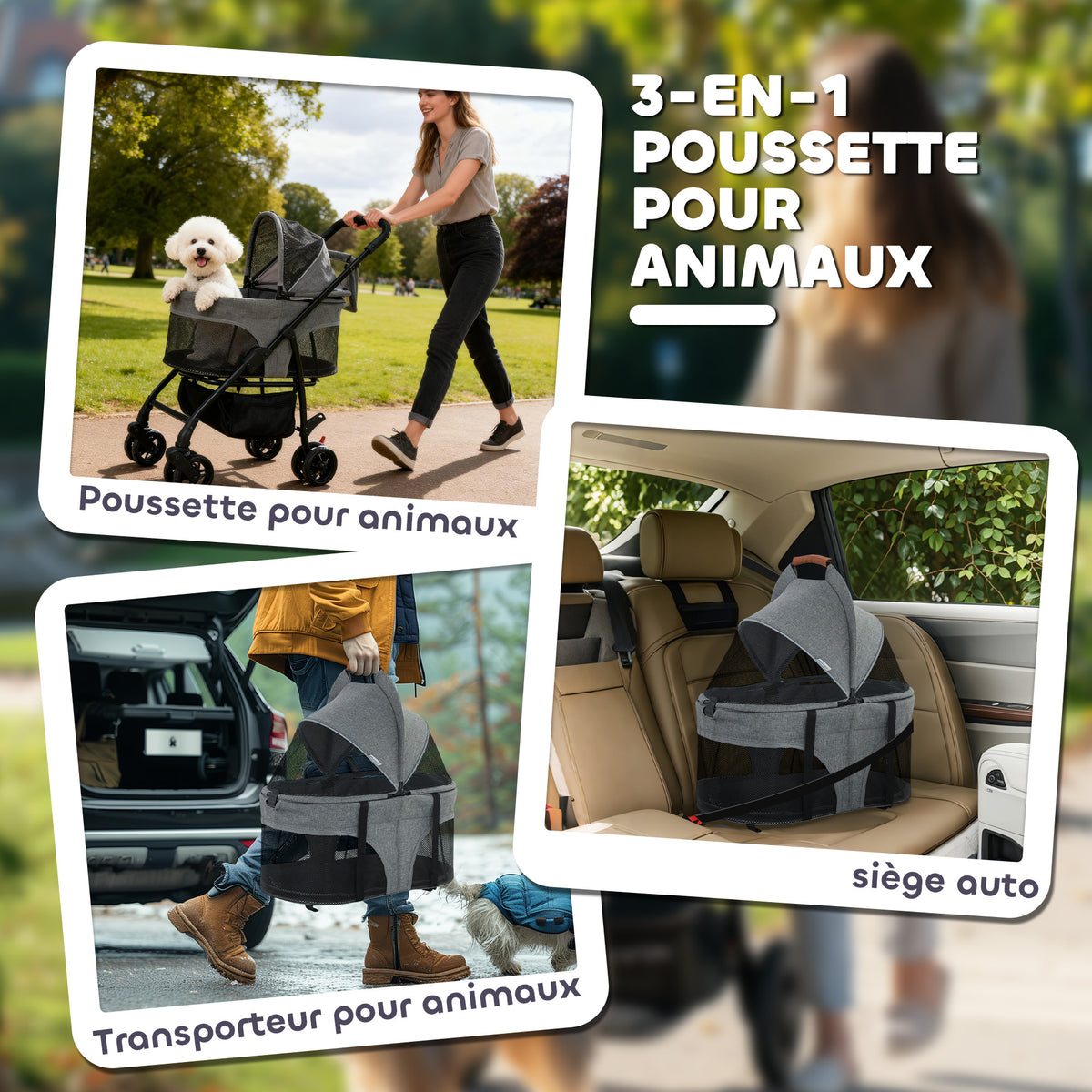 Hondenbuggy 3-in-1 Afneembaar Opvouwbaar Uitneembare Reiswieg en Ritsloos Vering Grijs