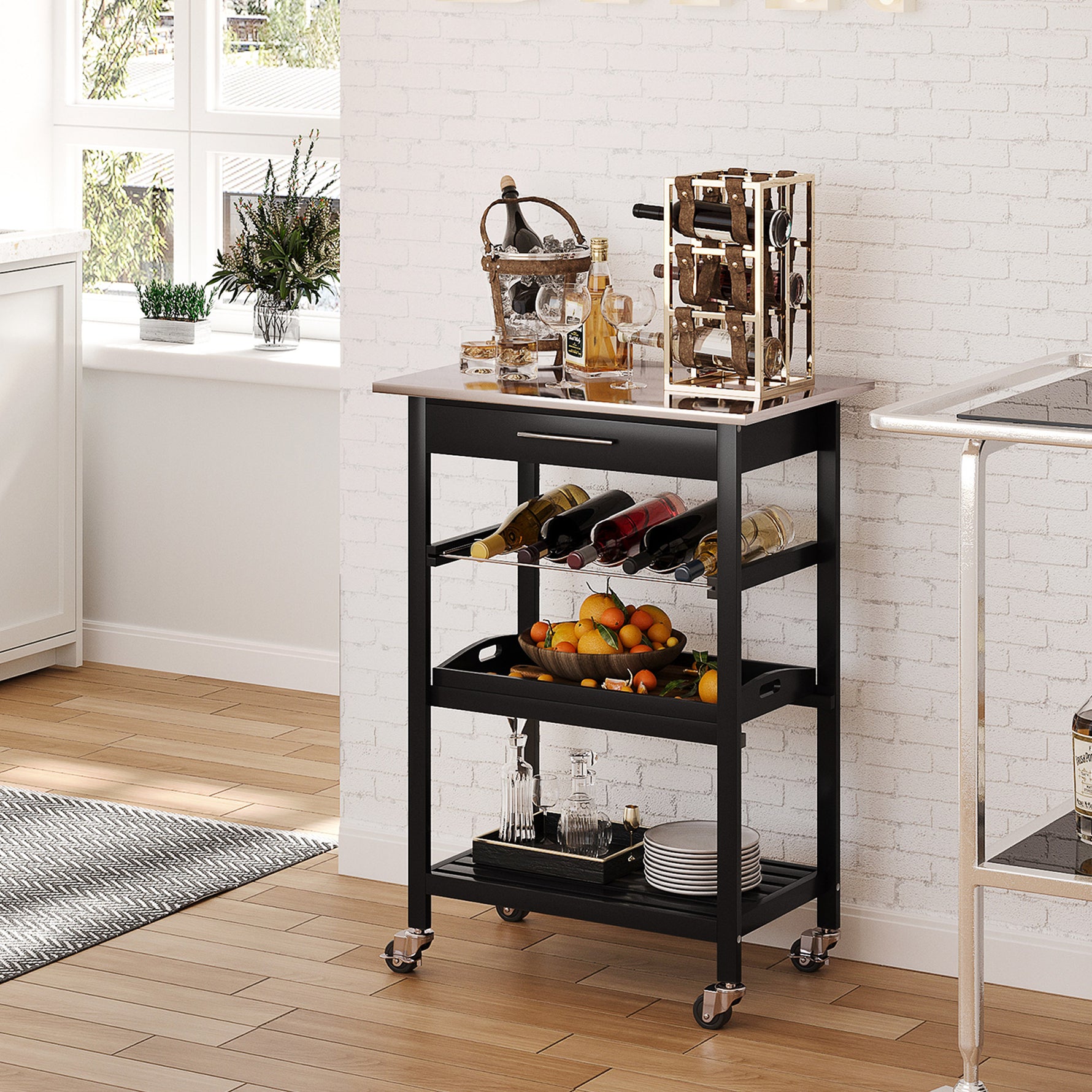 Chariot de Service desserte de Cuisine Table roulantes avec étagère rangement bouteille 60L x 40l x 85H cm Plateau en Acier INOX. Noir