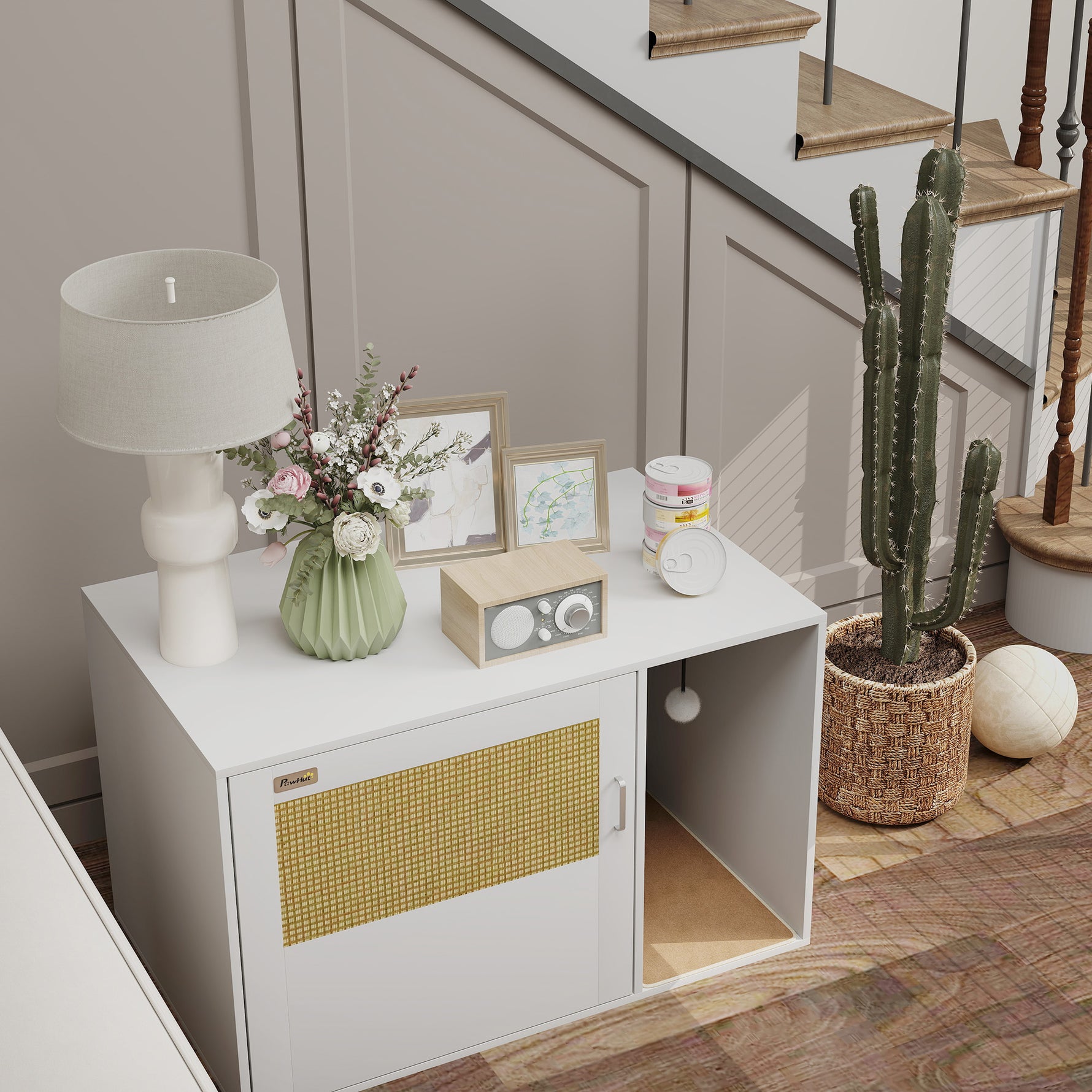 Maison de toilette chat meuble litière pour chat tapis griffoir porte avec poignées style bohème 80 x 50 x 50 cm blanc