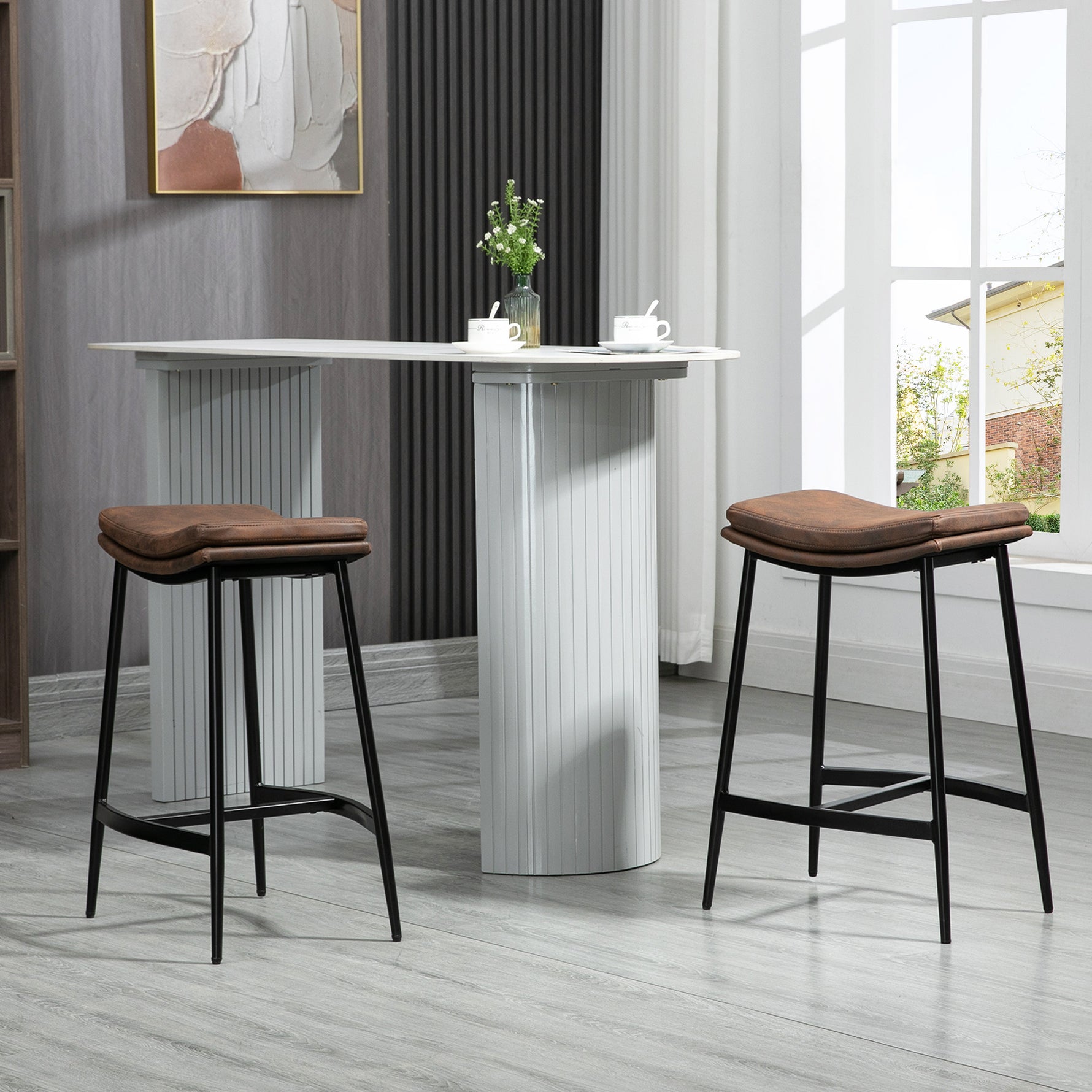 Lot de 2 tabourets de bar avec repose-pieds acier style industriel assise incurvée 48,5 x 38,5 x 68,5 cm marron noir