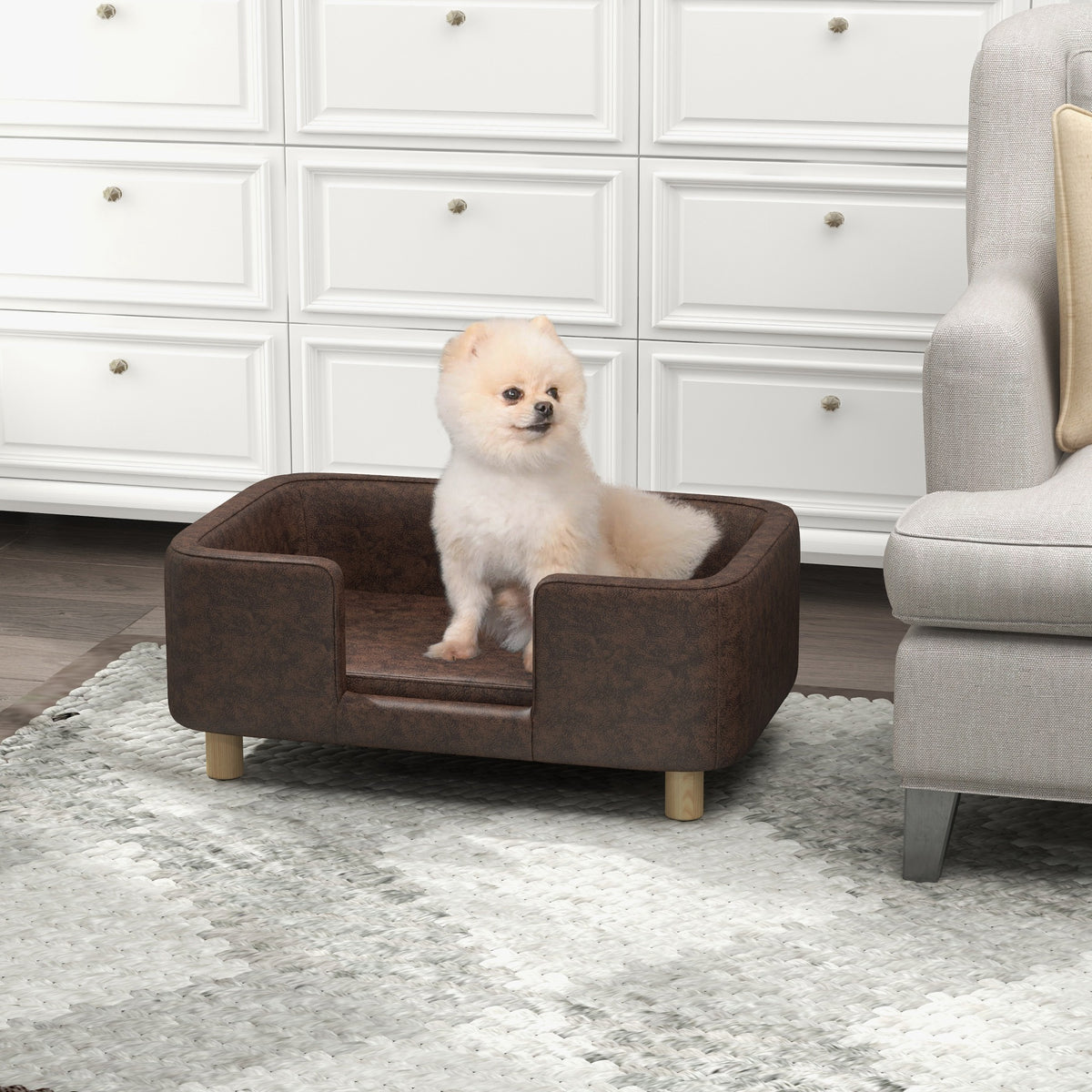 Dog sofa, dog and cat bed with rim, plush cushion, solid wood legs, dim. 74 x 48.5 x 31 cm, chocolate microfiber upholstery