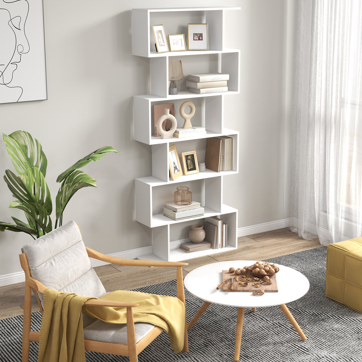 Zickzack-Bücherregal, zeitgenössisches Design, 80B x 23T x 192H cm, 6 Ebenen, Weiß