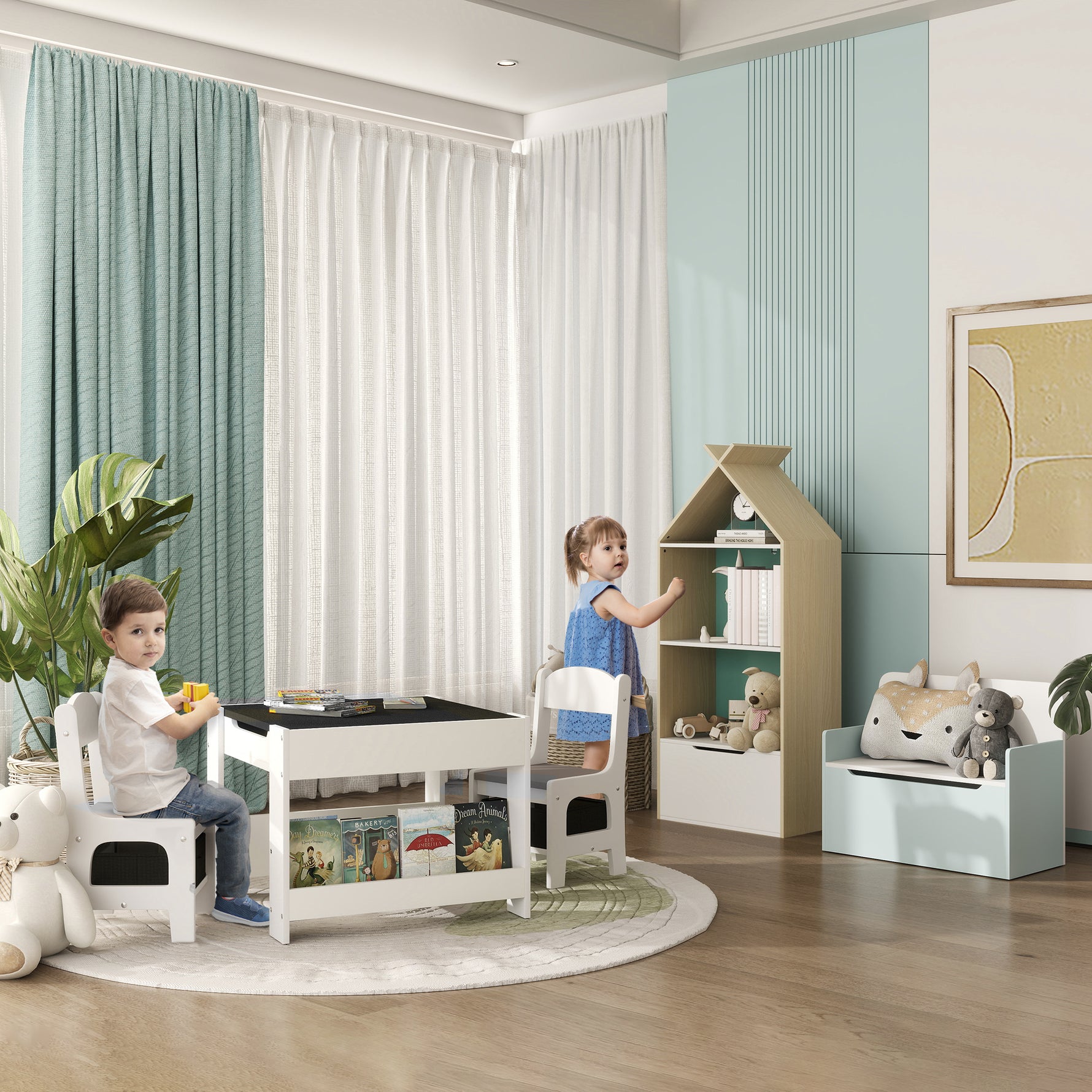 Ensemble 3 pièces table et 2 chaises pour enfant avec plateau réversible tableau noir, panier de rangement, étagères
