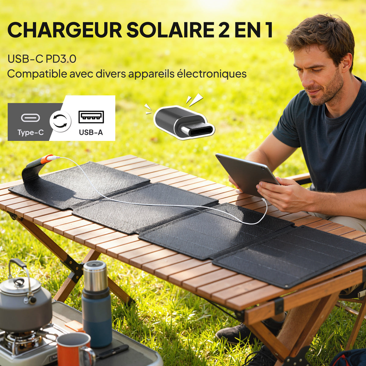 Chargeur solaire pliable 36W panneau solaire portable ports type-C et USB-a imperméable IP67 89,8 x 27,9 x 1 cm gris