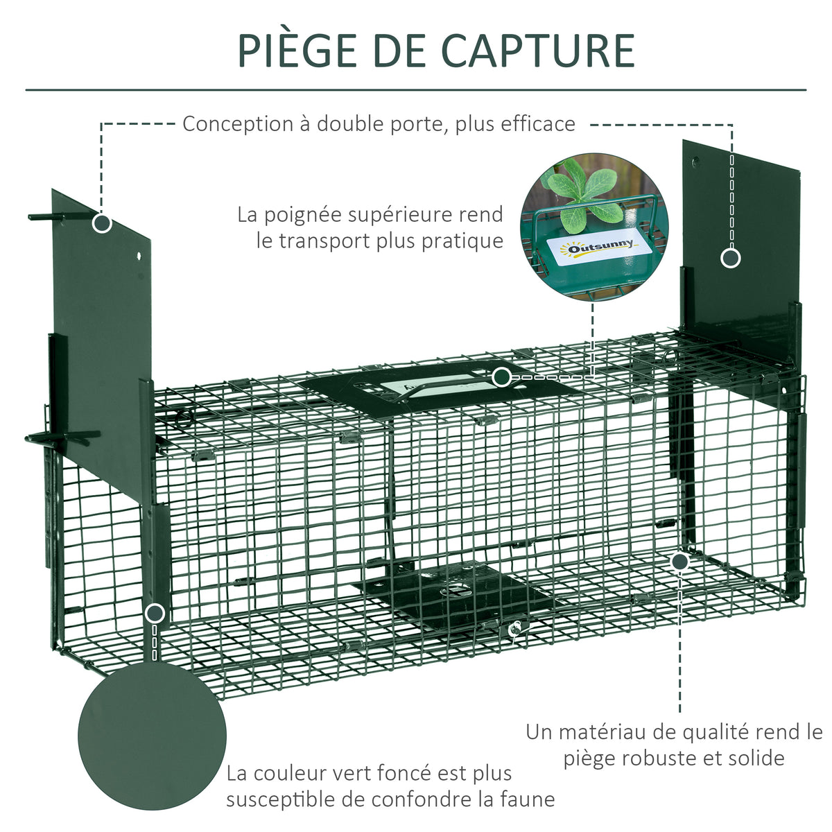 Piège Vivant Cage Attrape 60 x 18 x 20 cm Piège Fouine pour Martres, Rats, Souris - 2 entrées + poignée - métal vert