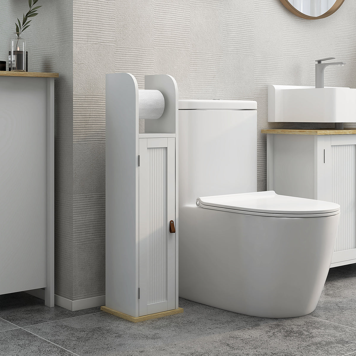 Meuble de salle de bain support papier toilette avec placard et étagères réglables 20 x 20 x 80 cm blanc