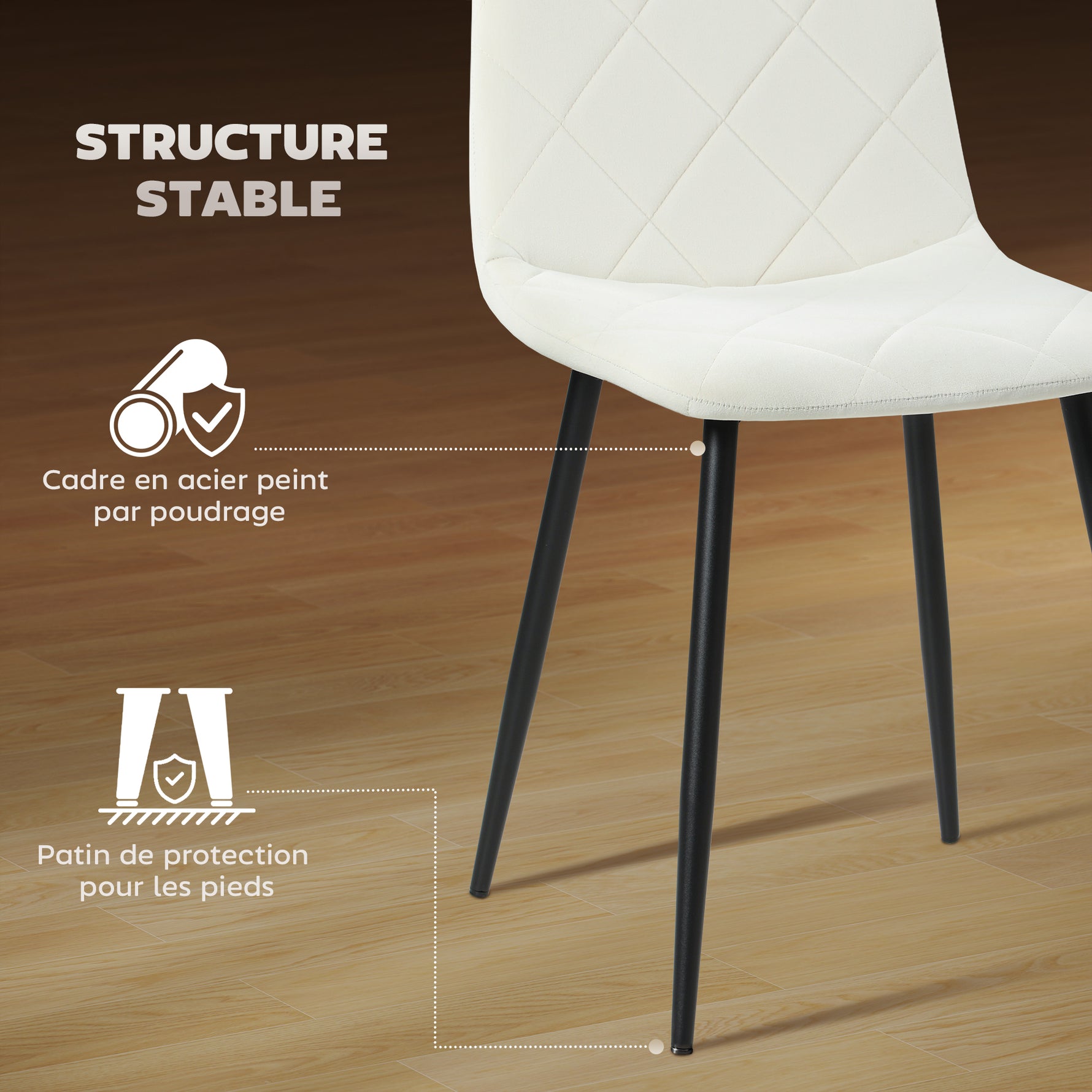 Lot de 4 chaises de salle à manger rembourrées avec dossier haut, pieds en acier et tissu effet velours, crème