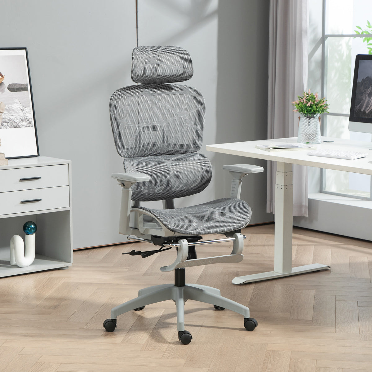 Bureaustoel, ergonomische bureaustoel van mesh met 3D-armleuningen, kantelbare rugleuning, 66x64x122 cm, grijs