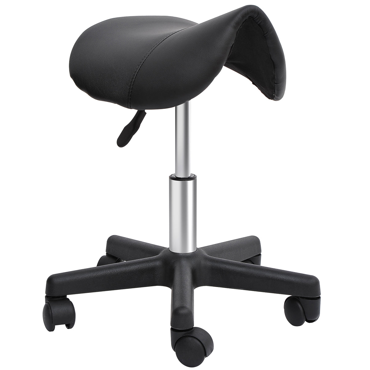 Tabouret à roulettes, tabouret de massage avec hauteur réglable 43-55 cm et selle ergonomique, chaise de travail à roulettes pivotant 360°, pour salon de massage, tatouage, clinique, spa, noir