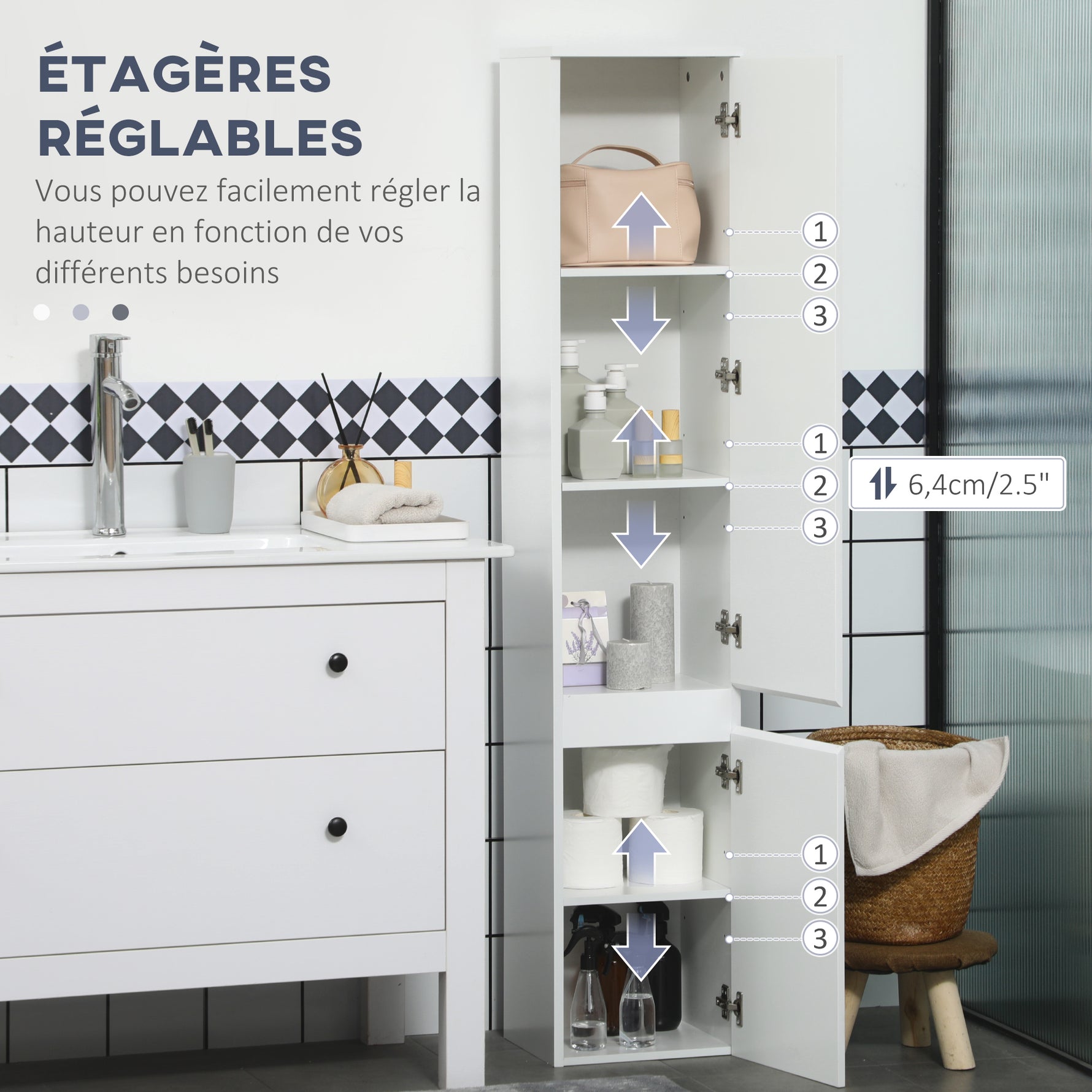 Meuble colonne rangement salle de bain 2 placards 3 étagères réglables style contemporain 30 x 28 x 152,5 cm blanc