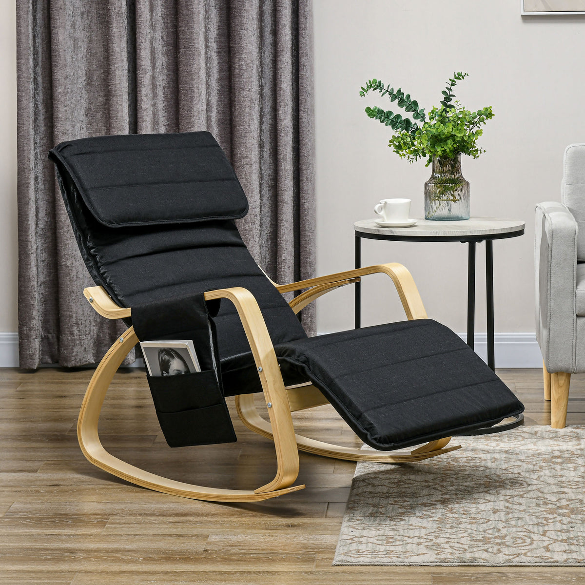 Fauteuil relax à bascule fauteuil allaitement avec repose-pieds réglable, poche latérale et appui-tête, noir