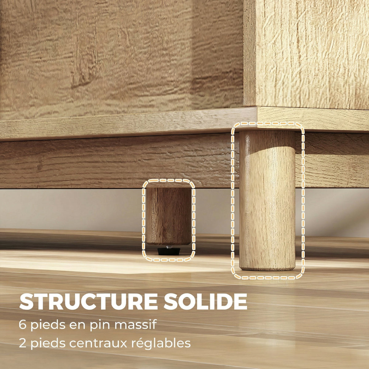 Meuble TV 135 cm, meuble télé pour téléviseur jusqu'à 65 pouces avec 2 portes en rotin, 2 compartiments ouverts, chêne