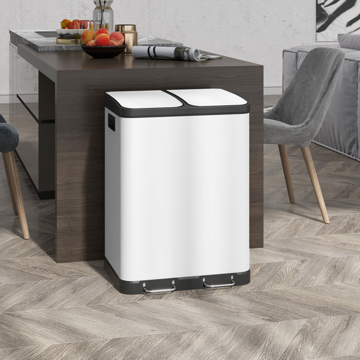 Sukaldeko zaborrontzia, 2 x 30L, metalezko pedalarekin, 2 konpartimentu, ixte leuneko estalkia, 60L, zuria
