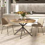 Table à manger ronde pour 4 personnes 120 cm style industriel avec plateau aspect bois, piètement croisé en acier, chêne