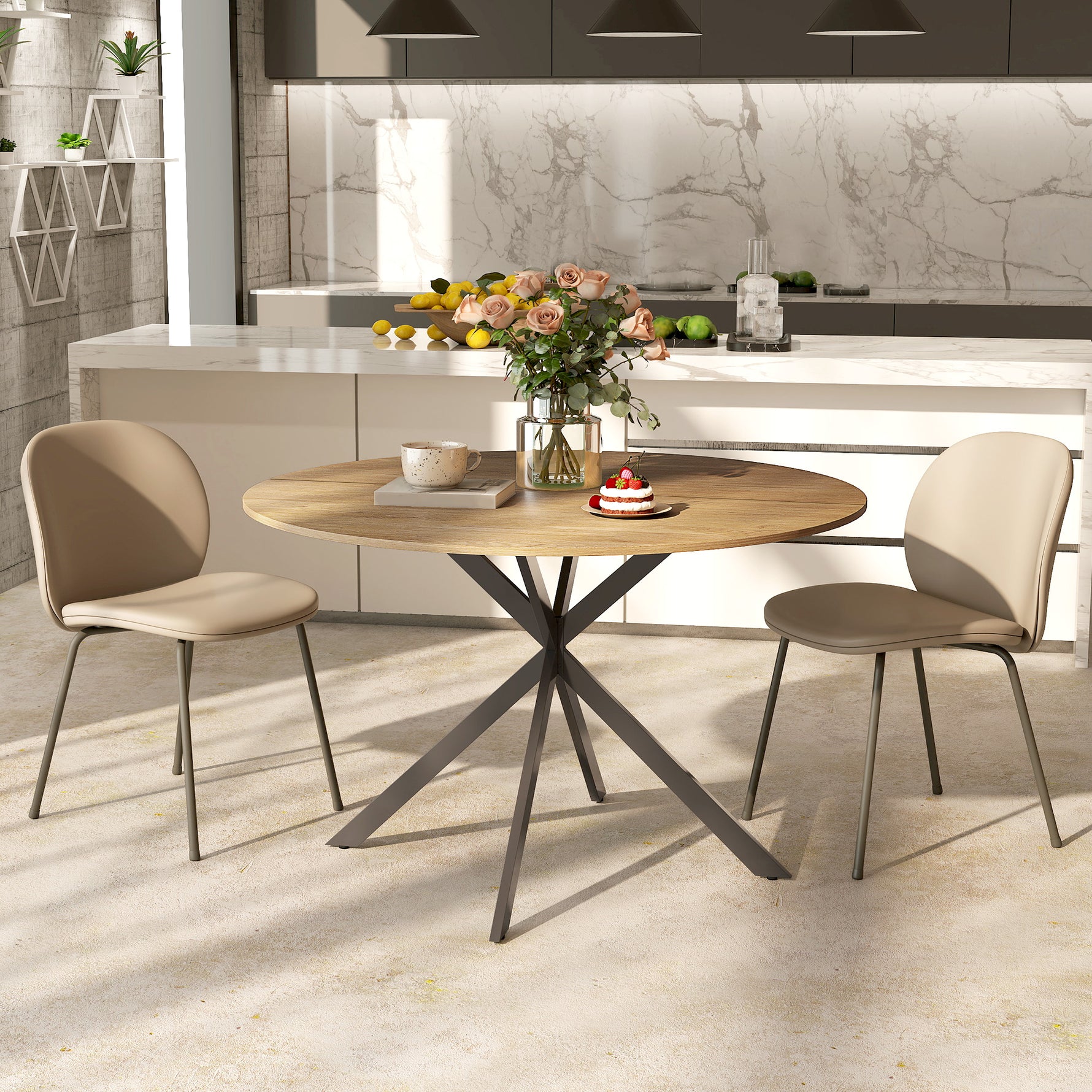 Table à manger ronde pour 4 personnes 120 cm style industriel avec plateau aspect bois, piètement croisé en acier, chêne