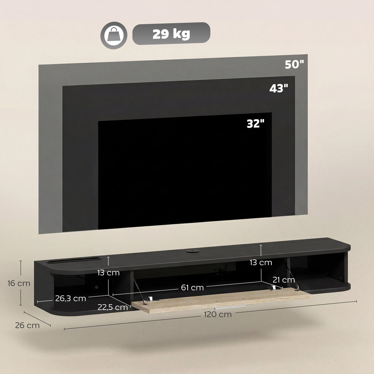 Meuble TV Suspendu 120 cm, Meuble télé jusqu'à 50 Pouces, Porte Rabattable, 2 Étagères Ouvertes et Passe-câbles, Noir