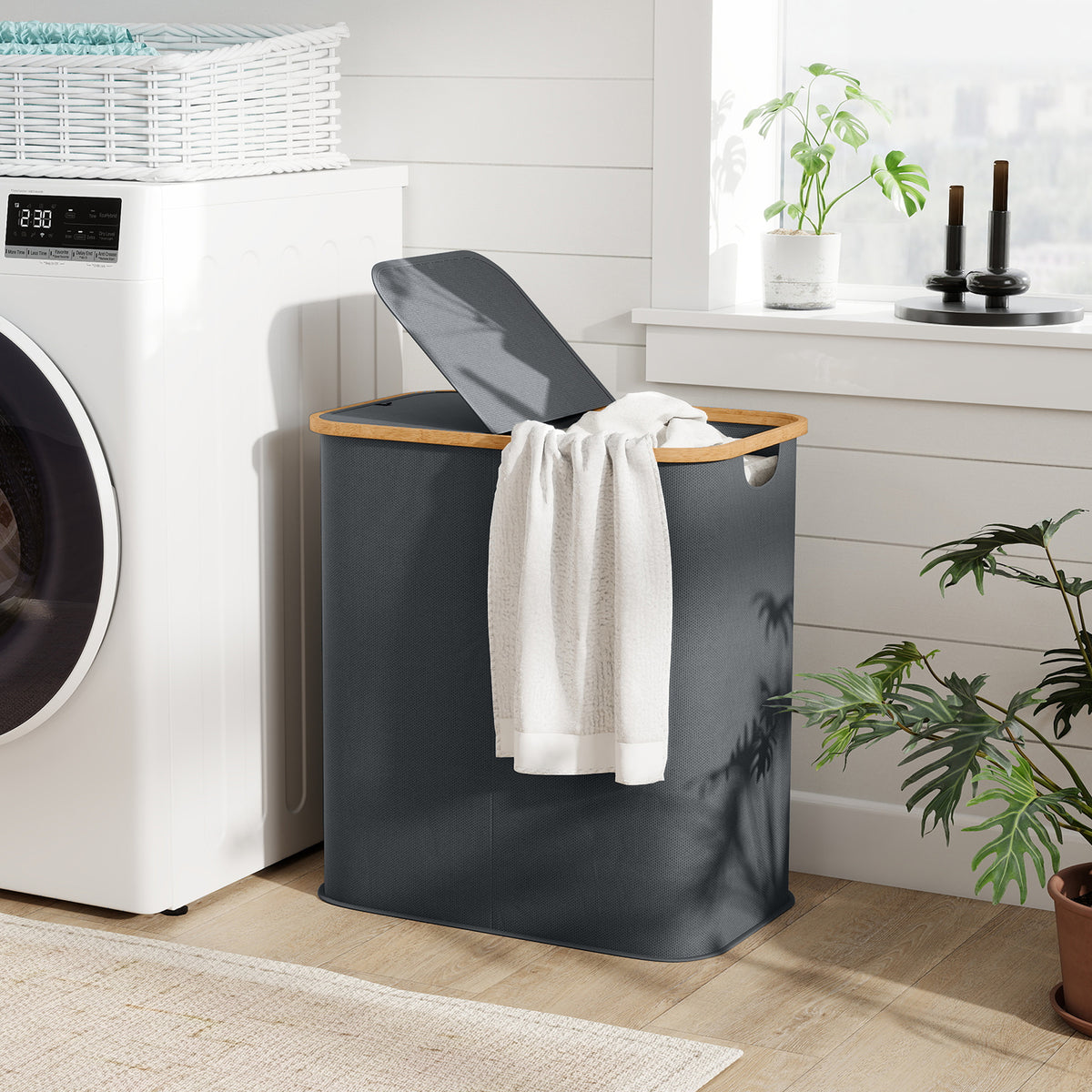Panier à linge double pliable 80 L corbeille à linge sale avec couvercle, poignées rainurées, gris
