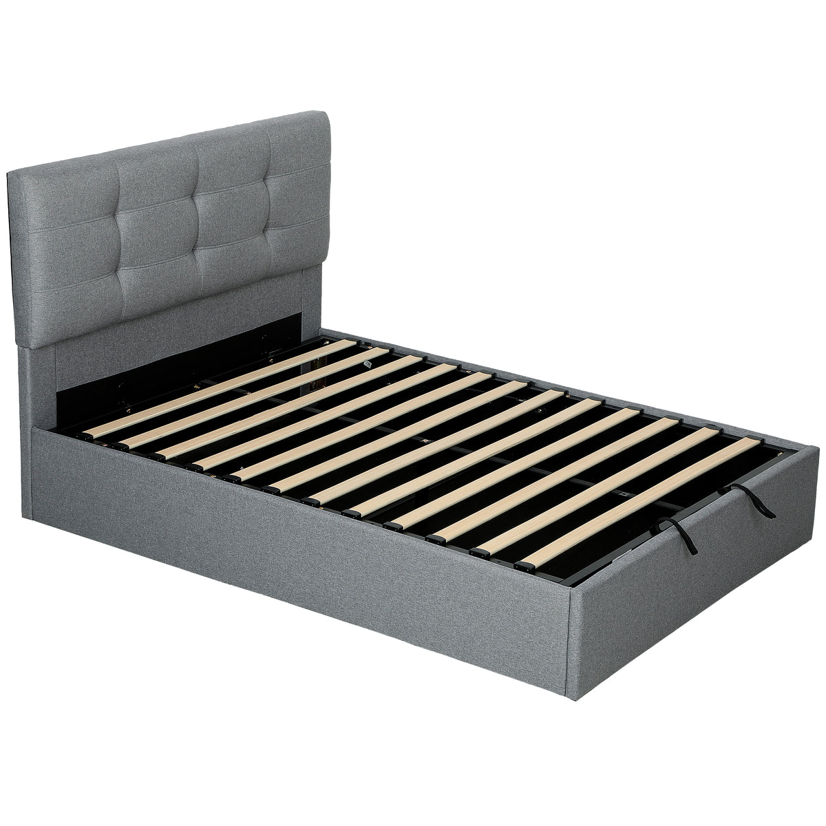 Letto contenitore 140x190, giroletto matrimoniale imbottito con rete a doghe in legno e vano portaoggetti nascosto, senza materasso, grigio