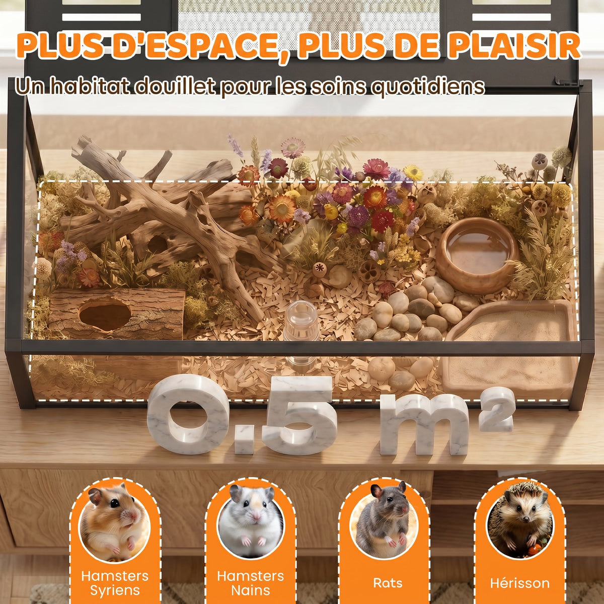 Cage Hamster Habitat Rongeur Vue Panoramique 360° Structure Robuste en Métal Espace Étanche Profond 100x50x52,5 cm Noir