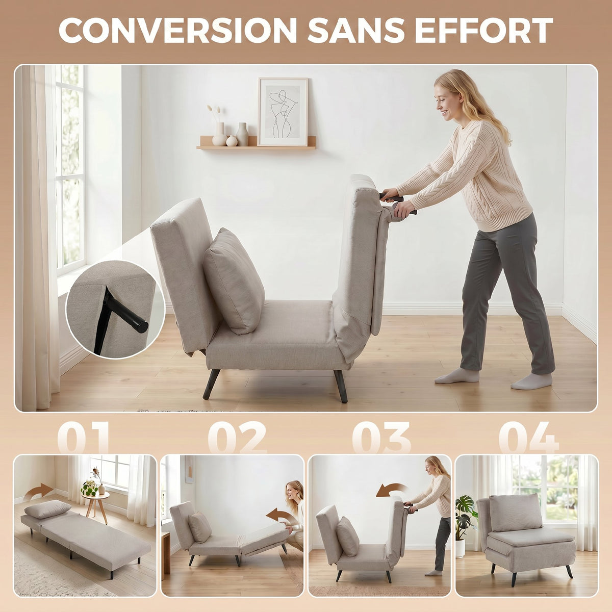 1-persoons slaapfauteuil, 3-in-1 slaapstoel met verstelbare rugleuning, kussen, brede zitting, lichtbruin