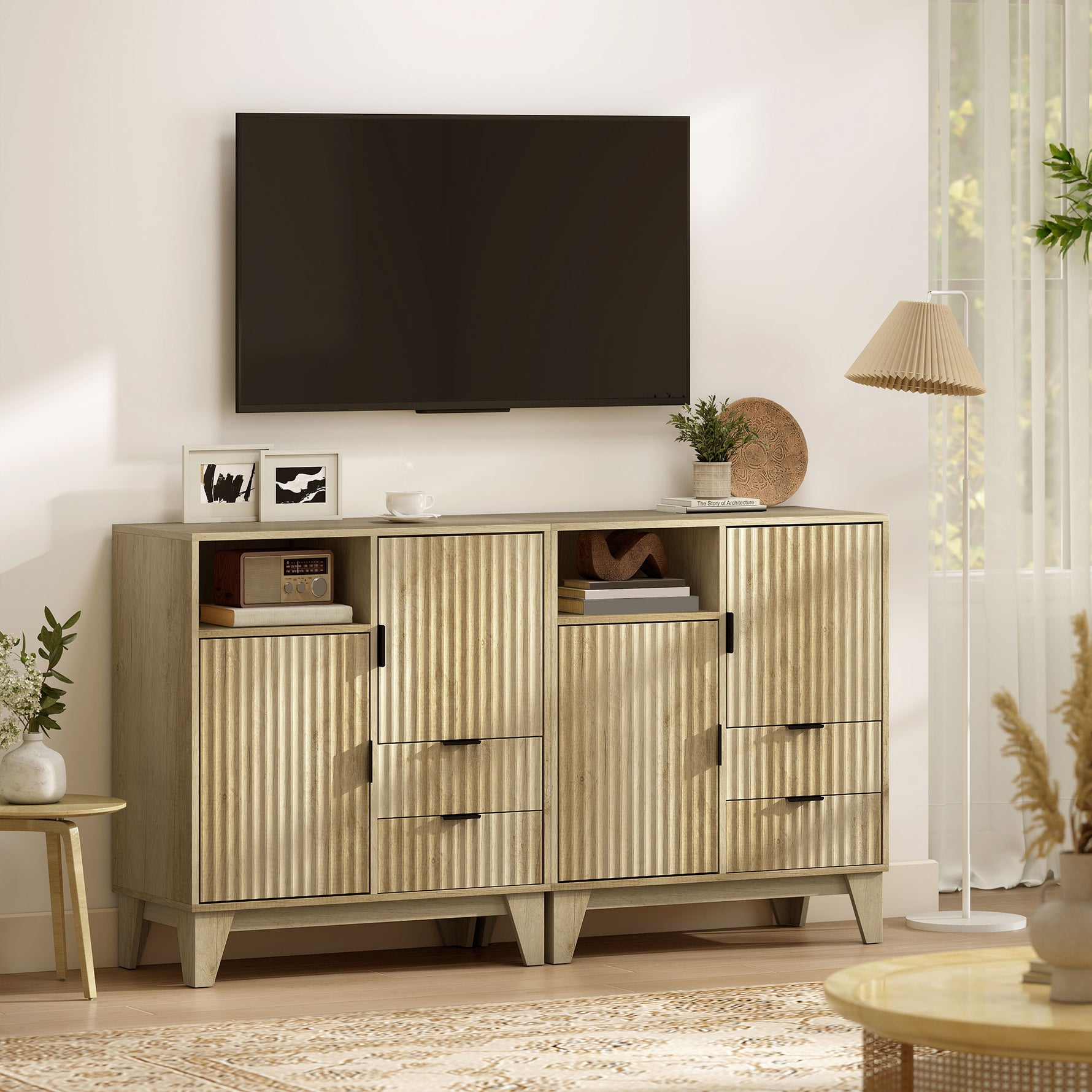Buffet salon, meuble de rangement, 2 portes, 2 tiroirs, étagère réglable, compartiment ouvert, 80x40x90cm, bois naturel