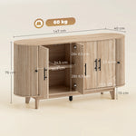 Buffet salon, meuble de rangement ovale avec 6 portes et 2 étagères réglables, 147x40x76cm, chêne