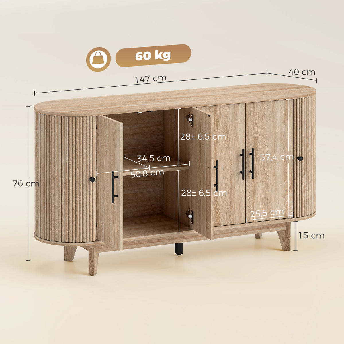 Buffet salon, meuble de rangement ovale avec 6 portes et 2 étagères réglables, 147x40x76cm, chêne