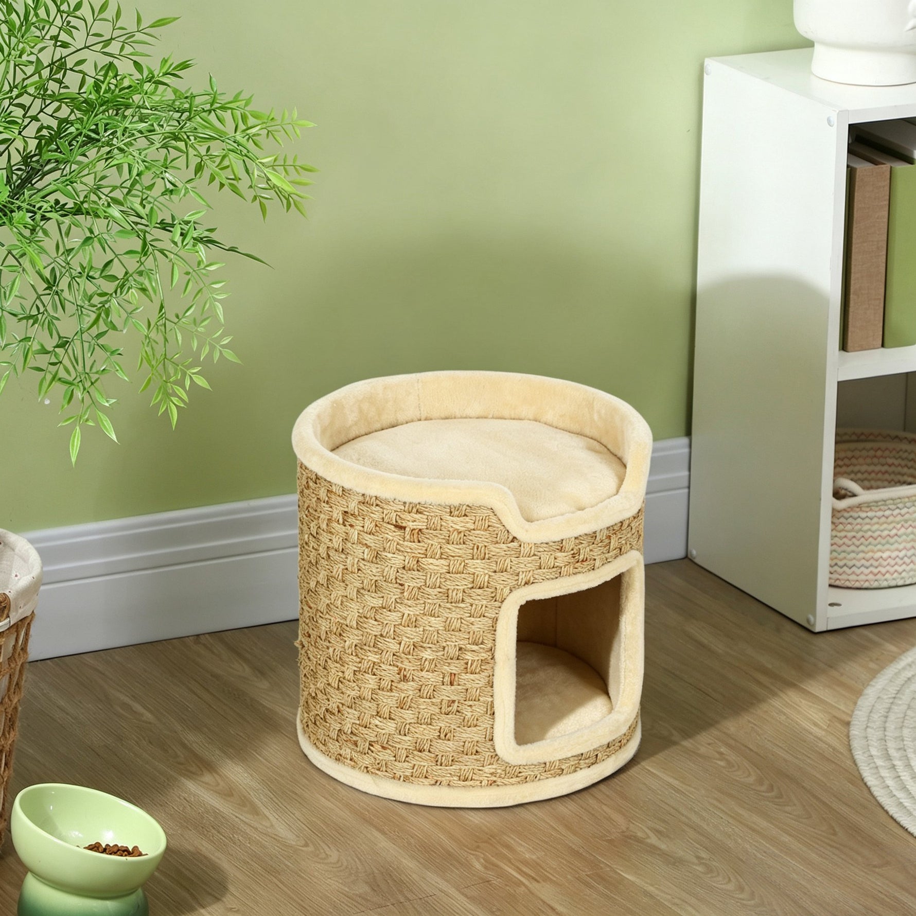 Tonneau à gratter pour chat, tonneau à chat, recouvert de peluche, capacité de 5 kg, Ø 38 x 37H cm kaki et beige