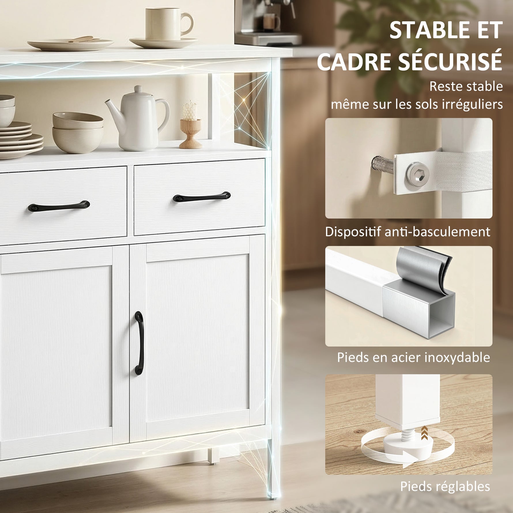 Buffet cuisine, meuble de rangement, 3 portes, 3 tiroirs, compartiment ouvert et étagères réglables, 95x35x88cm, blanc