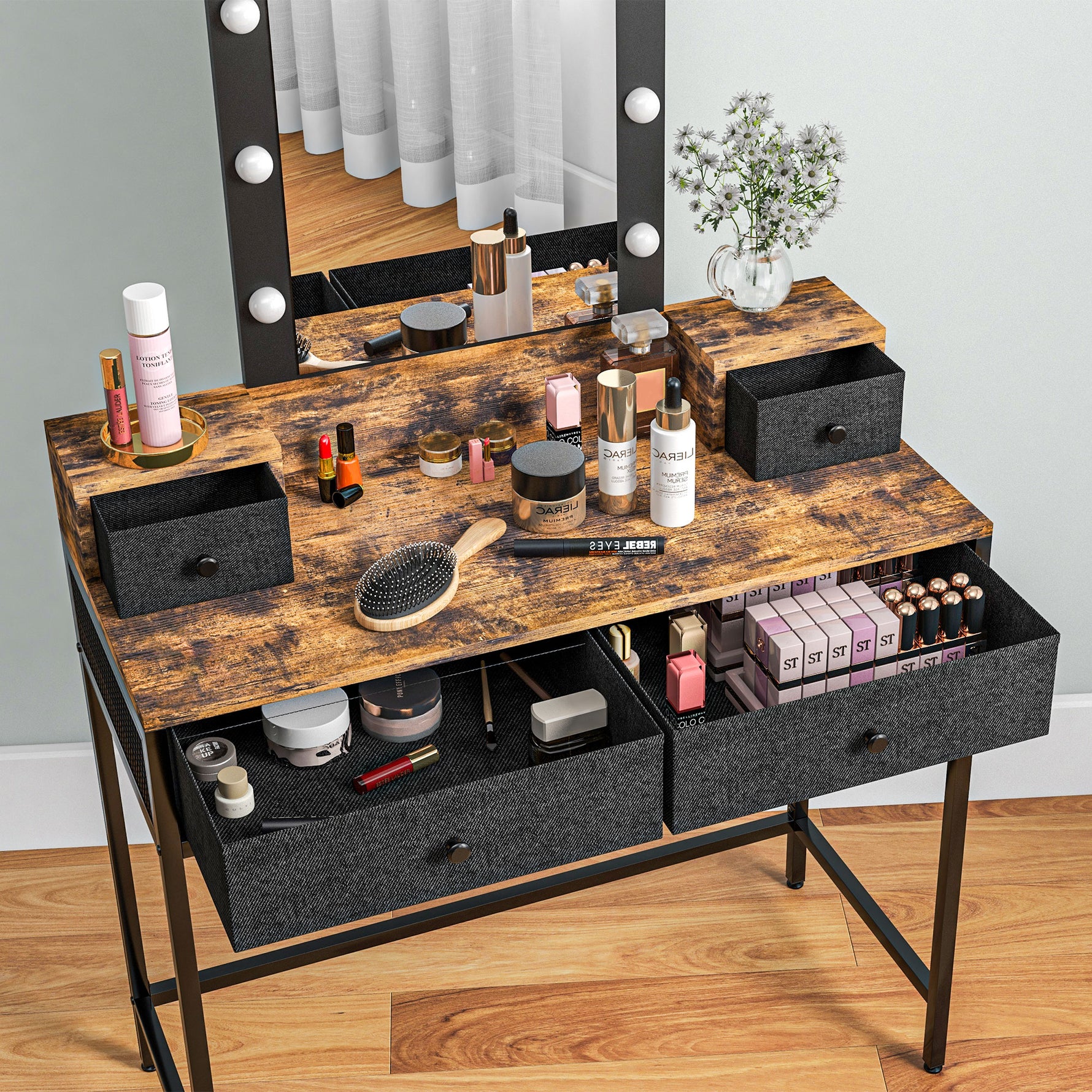Coiffeuse table de maquillage miroir LED réglable intégré - pied en métal noir - 4 tiroirs en tissu - Aspect bois foncé