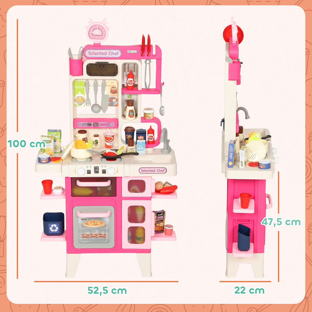 Cuisine enfant jouet d'imitation, dinette pour enfant avec lumières et sons réalistes, 52,5 x 22 x 100 cm, rose