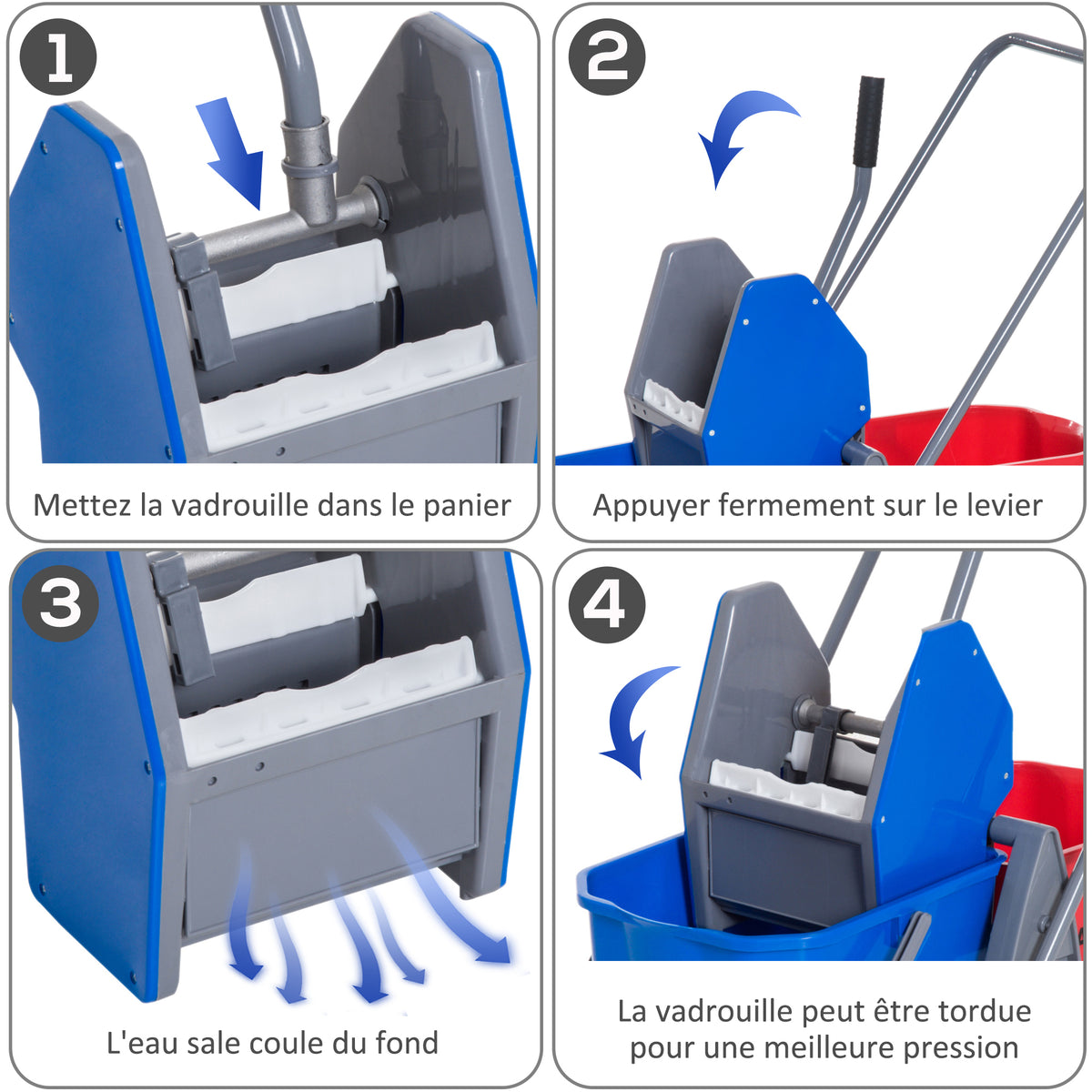 Professioneller Reinigungswagen mit Backenpresse, 2 Eimern à 25 l, 73 L × 45 B × 92 H cm, Kunststoff, grau/blau/rot