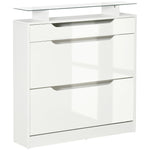 Armoire à Chaussures avec 2 Tiroirs Rabattables + 1 Tiroir Coulissant + 1 Comptoir et 1 Plateau en Verre blanc