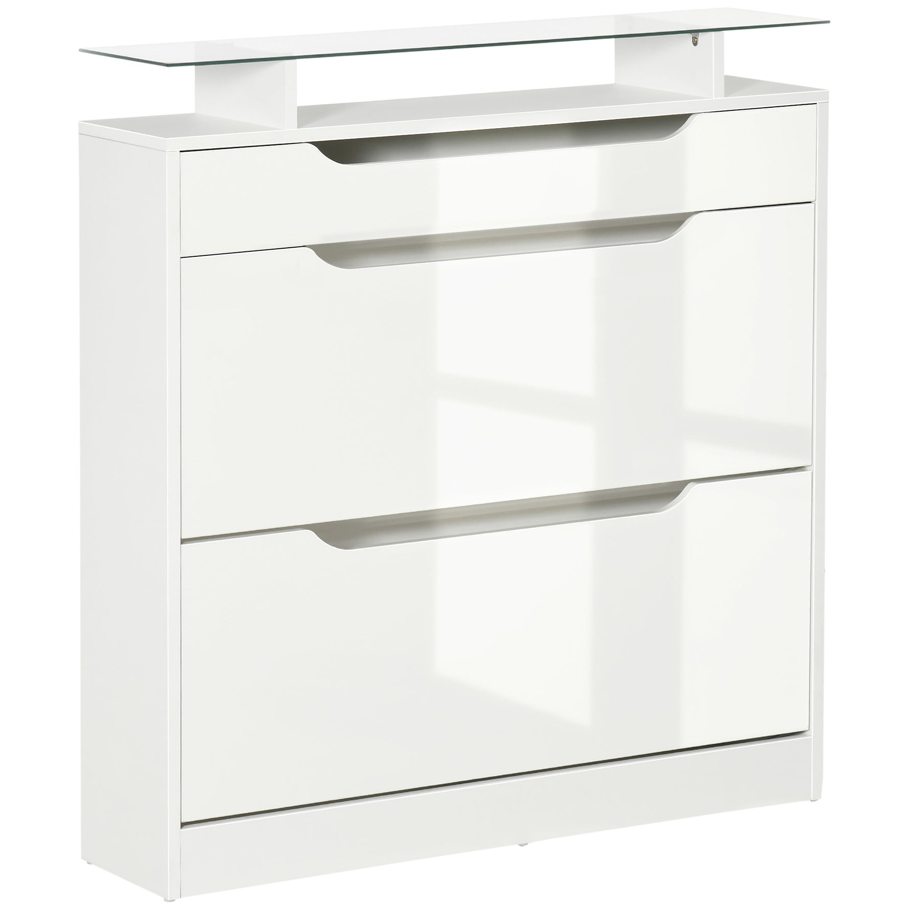Armoire à Chaussures avec 2 Tiroirs Rabattables + 1 Tiroir Coulissant + 1 Comptoir et 1 Plateau en Verre blanc
