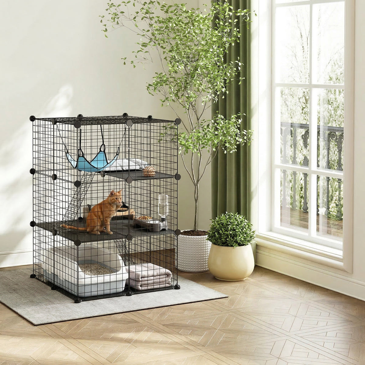 Gabbia per gatti da interno Recinto per gatti modulabile 3 porte Amaca Scaletta per piccoli animali domestici 70x70x105cm Nero