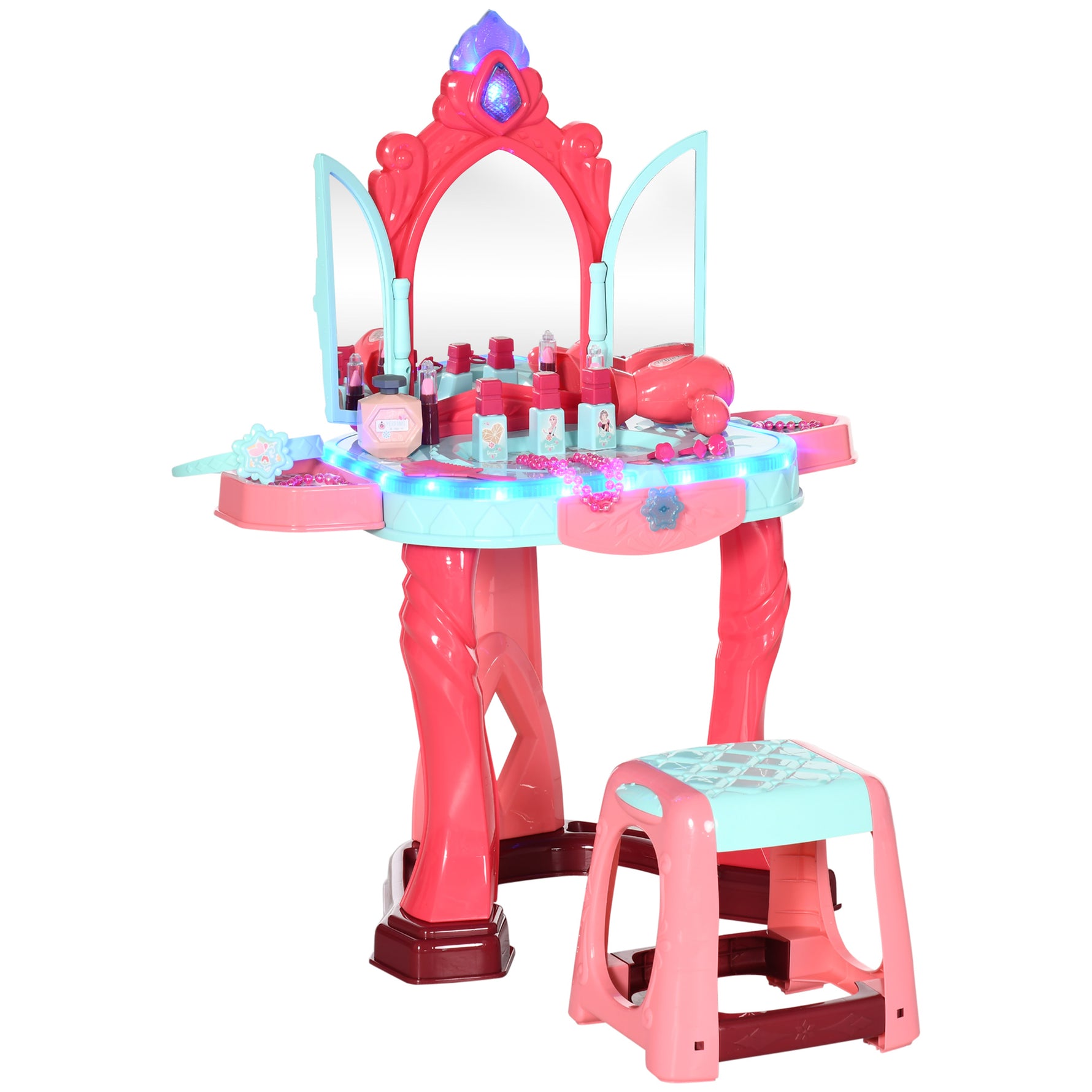 Coiffeuse Enfant Fille avec Tabouret, Miroir, Lumière, Musique, Accessoires, 3-6 Ans, 57x34x76cm, Multicolore