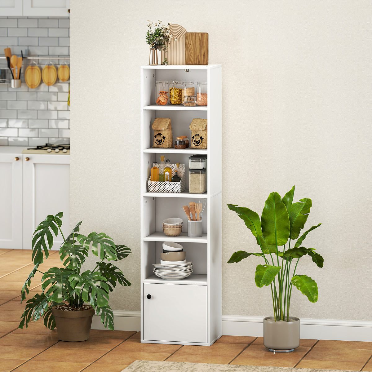 Bibliothèque meuble de rangement 6 niveaux avec 3 étagères réglables et placard, style moderne 40 x 30 x 156 cm blanc