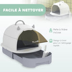 Maison de toilette pour chat bac à litière fermé chat poignée de transport porte translucide 40,5 x 52 x 39 cm gris