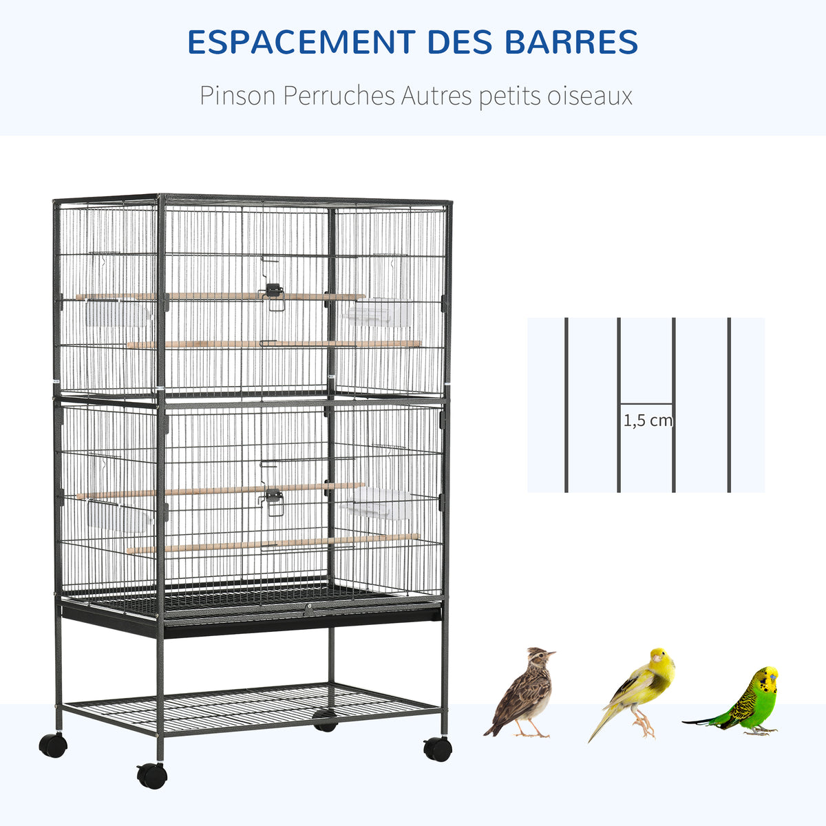 Vogelkooi op standaard volière voor binnen 4 houten zitstokken en voederbakjes donkergrijs staaldraad