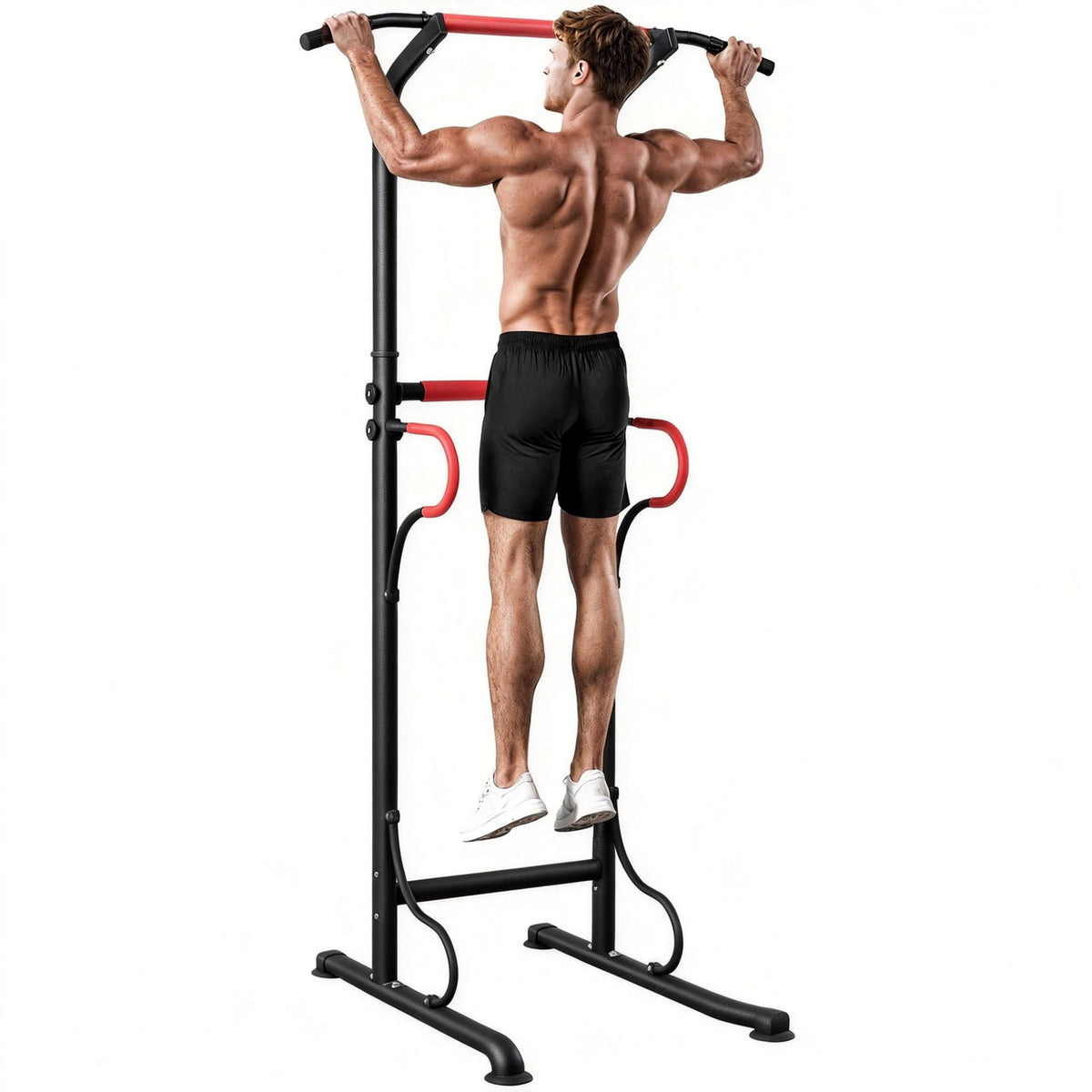 Station de musculation multifonctions barre de traction chaise romaine hauteur réglable acier noir rouge