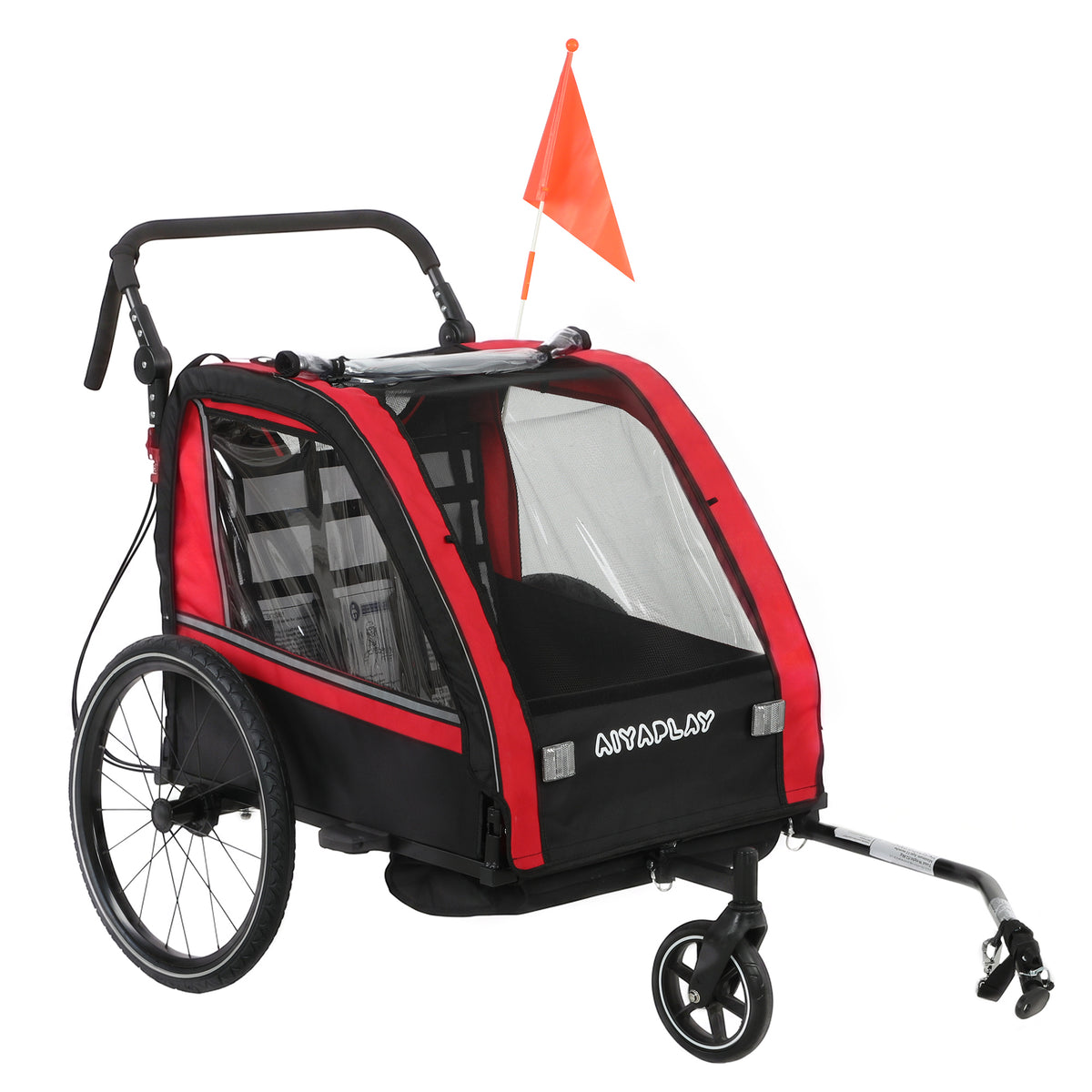 Remolque de bicicleta para niños 2 en 1, cochecito de bicicleta para bebés de 2 plazas, manillar ajustable, freno de mano, cinturón de seguridad, rojo