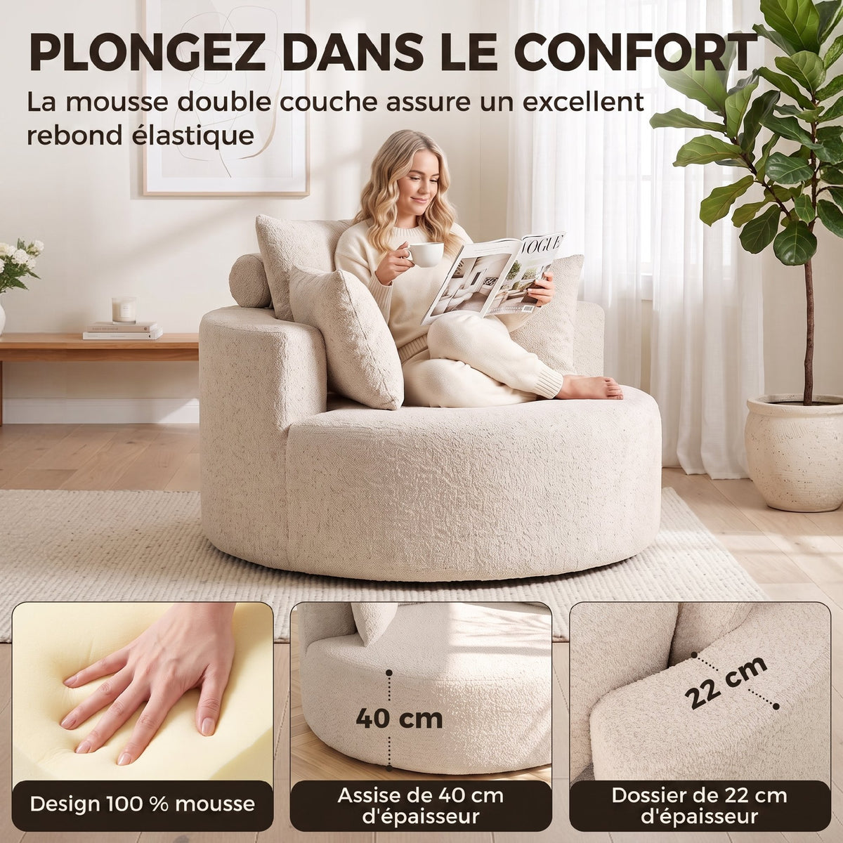 Pouf Canapé Rond en Chenille, Grande Assise, 2 Coussins, 1 Dossier, 1 Traversin, Charge 250kg, 130x130x82cm, Crème
