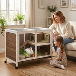 Cage à lapin clapier sur roulettes petit enclos animaux en bois massif 2 étages toit ouvrant 91,5 x 53,3 x 73 cm marron