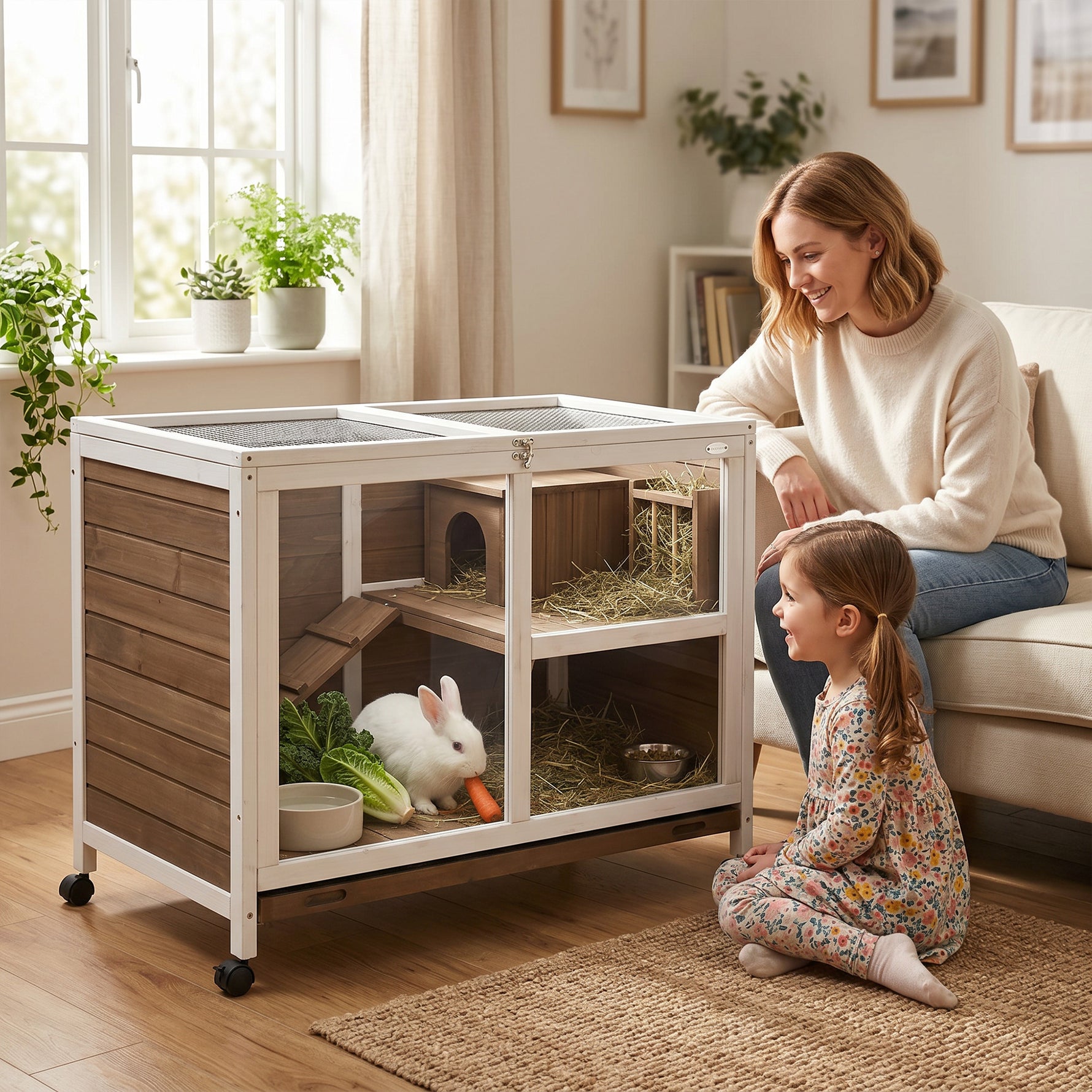 Cage à lapin clapier sur roulettes petit enclos animaux en bois massif 2 étages toit ouvrant 91,5 x 53,3 x 73 cm marron