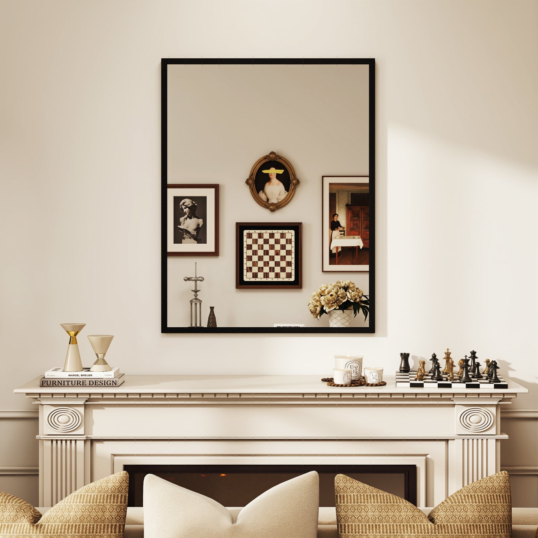 Miroir mural rectangulaire 90 x 70 cm, cadre en bois noir, idéal pour la salle de bain, salon ou chambre