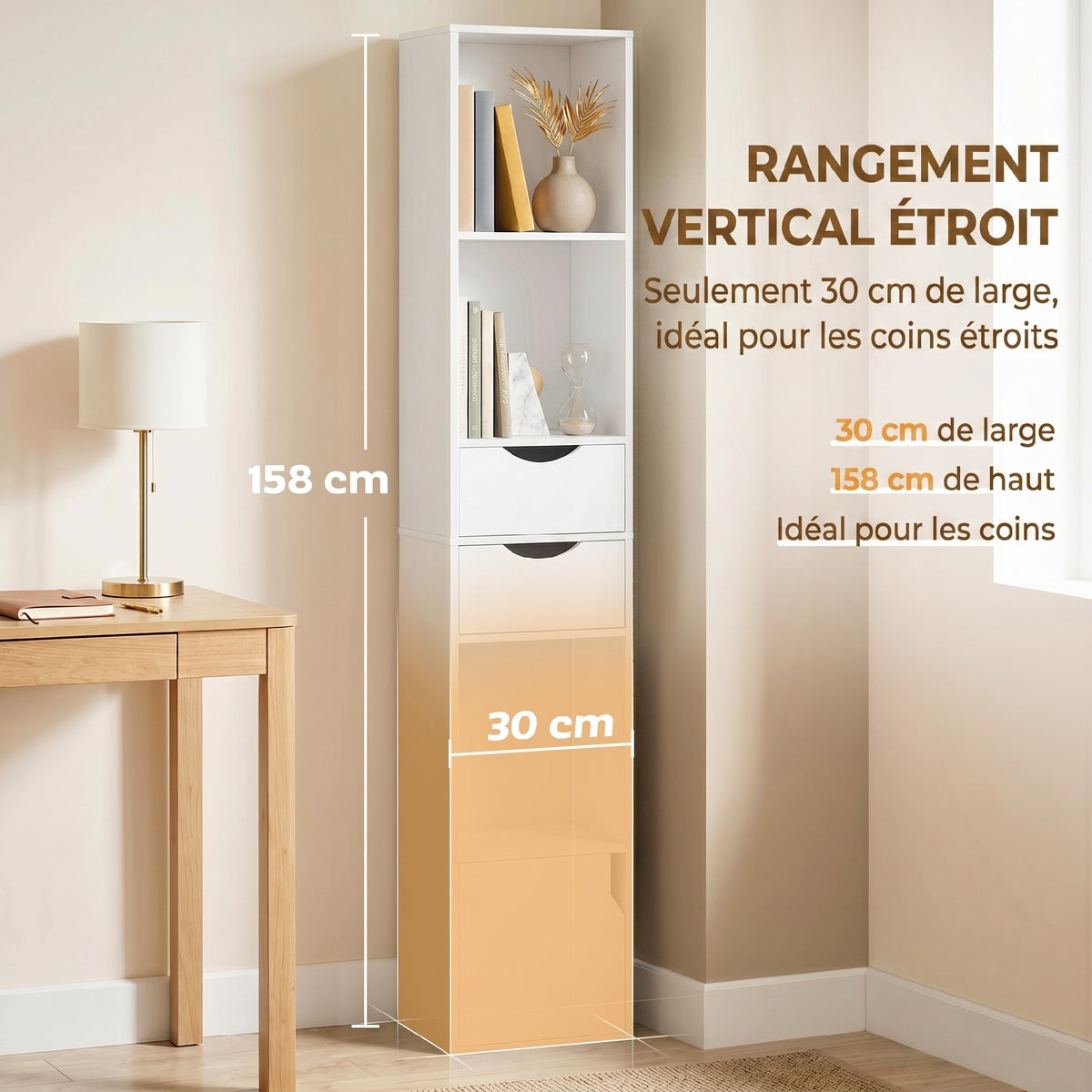 Bibliothèque étagère de rangement avec porte, 2 tiroirs, compartiments ouverts et étagère réglable, 30x24x158cm, blanc