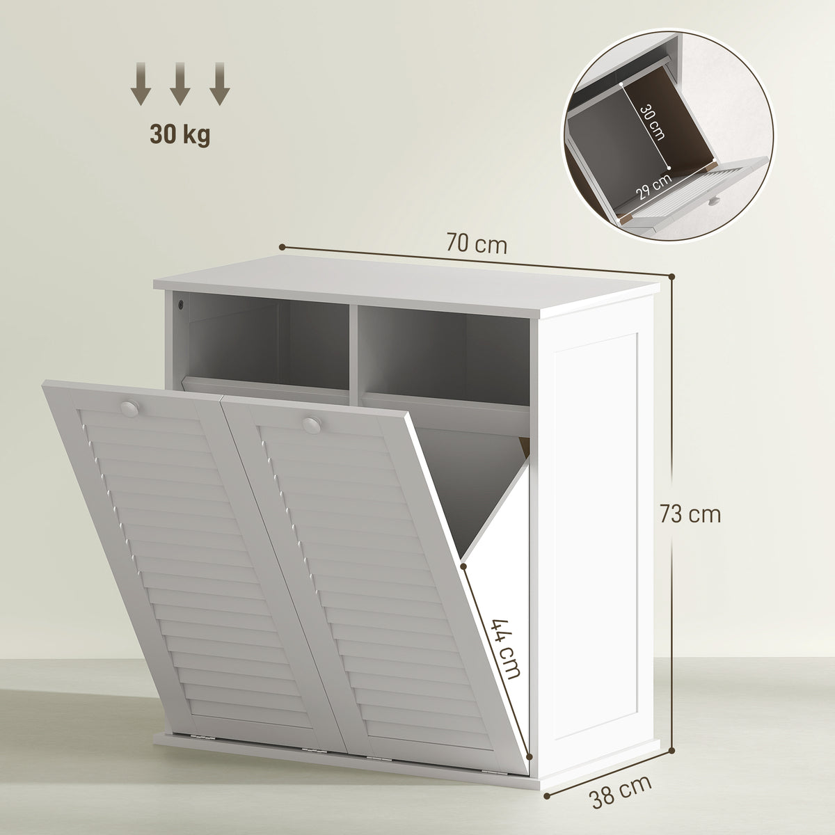 Meuble salle de bain avec panier à linge armoire salle de bain en bois portes persiennes 2 paniers 70 x 38 x 73 cm blanc