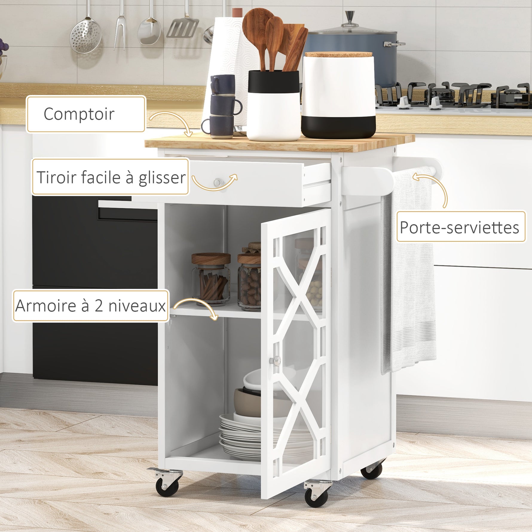 Chariot de service - desserte de cuisine à roulettes - tiroir, placard, porte-serviette -  blanc