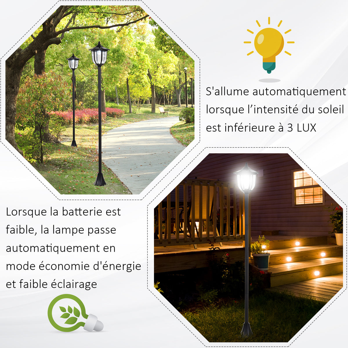 Luminaire extérieur lampadaire sur pied solaire lampadaire lanterne classique LED 60 Lm max. dim. 26L x 26l x 177H cm noir