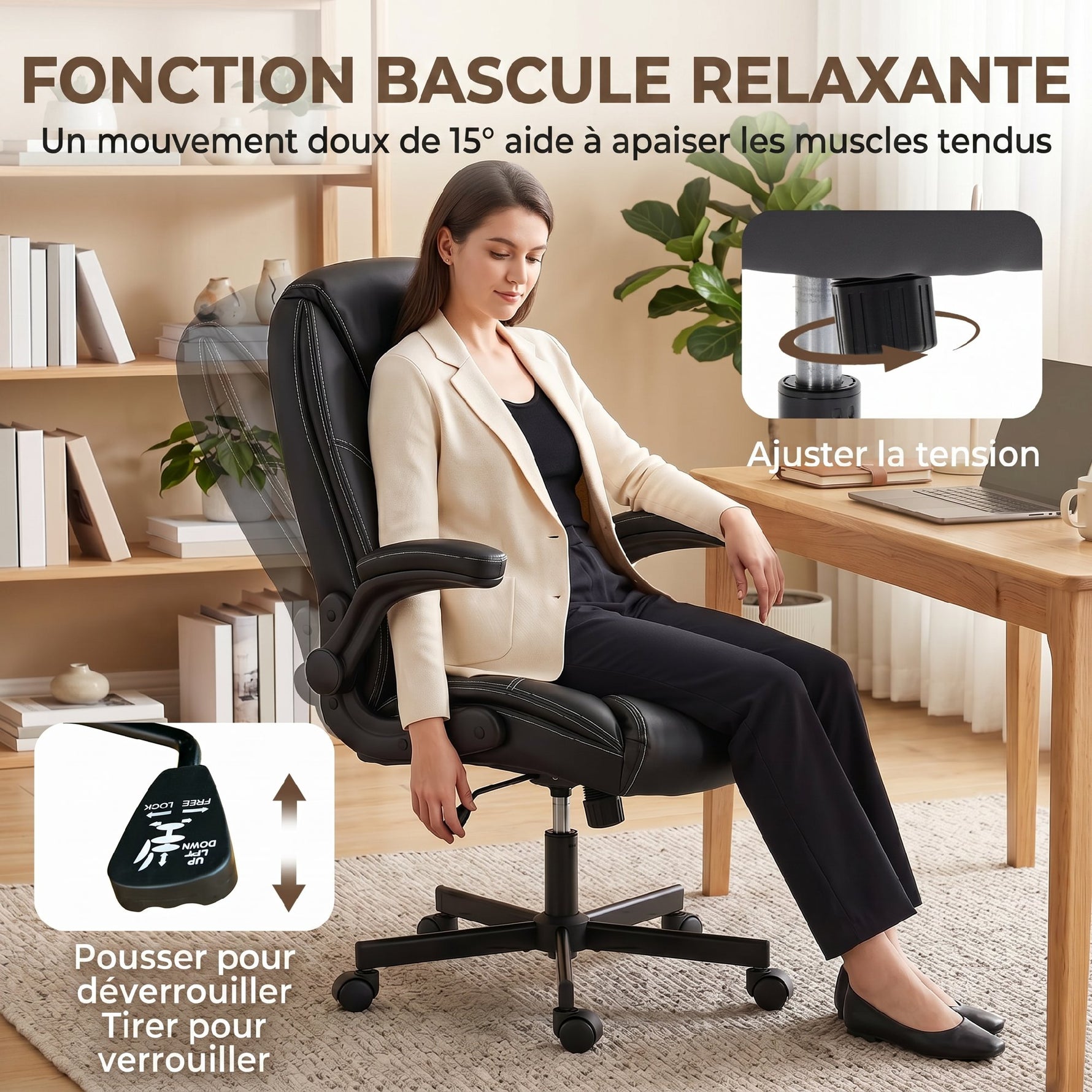Chaise bureau ergonomique fauteuil de bureau accoudoirs relevables hauteur réglable fonction bascule noir